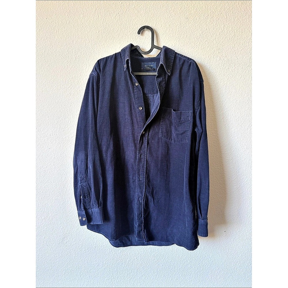 Mantles Mens Blue Cotton Corduroy Button Down Shirt Size Medium Long Sleeve